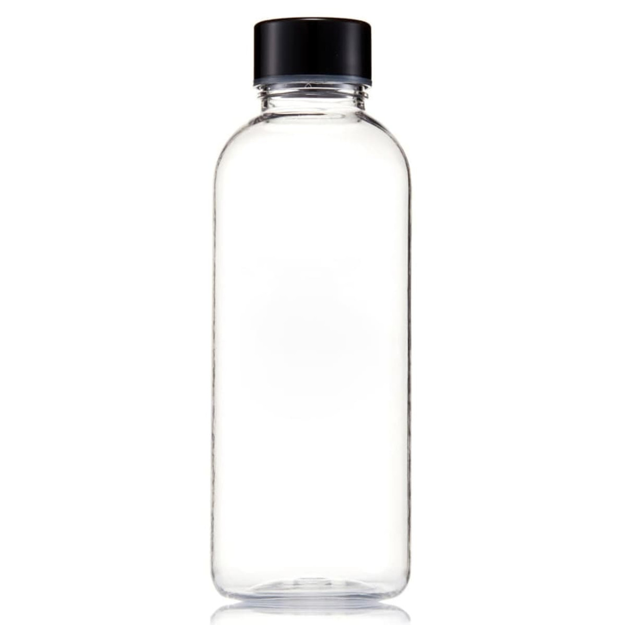 A drink bottle made of clear Tritan with a black screw-on lid. It has a sleek, modern design.