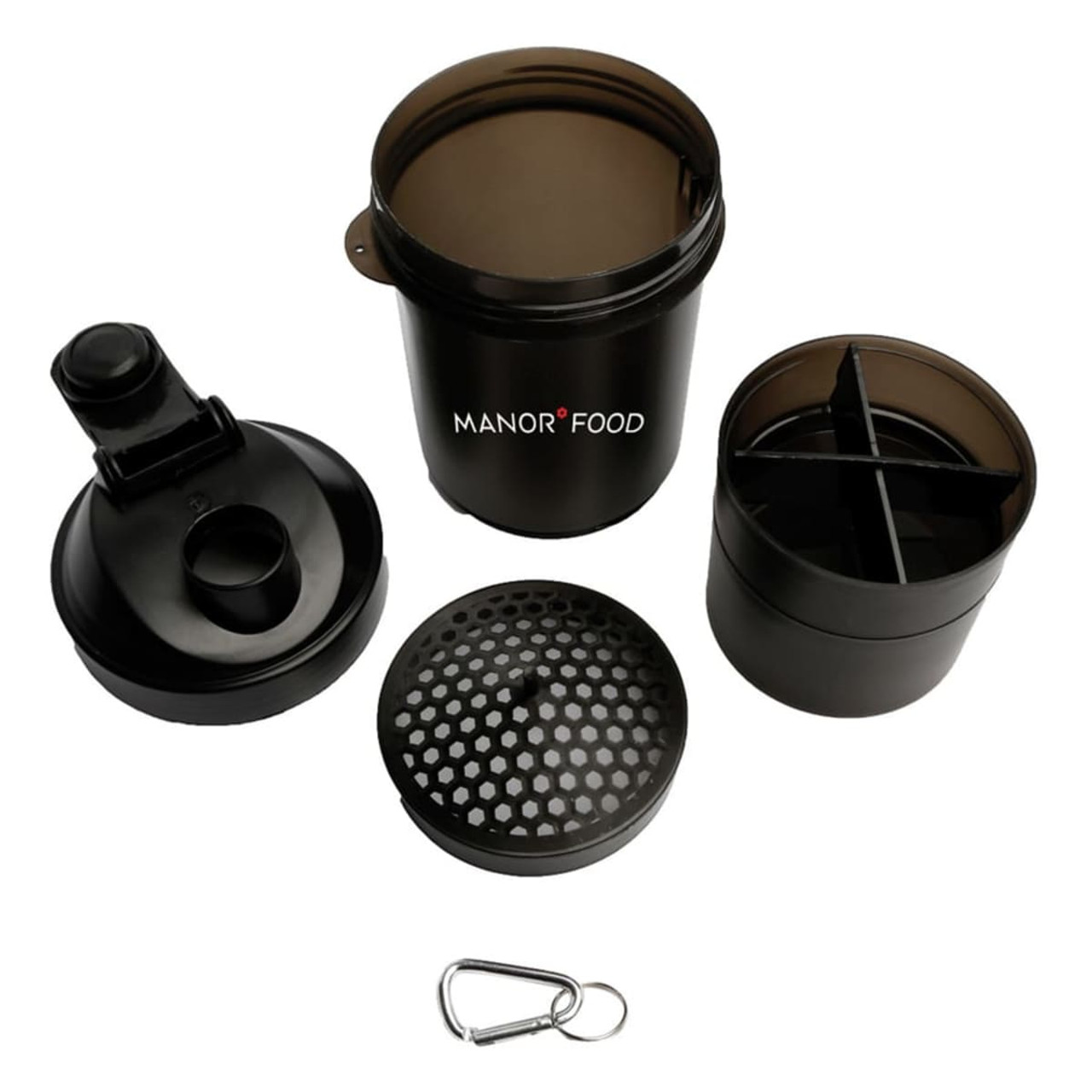 A drink bottle in black, comprising a shaker cup, removable compartment, lid, and a carabiner.