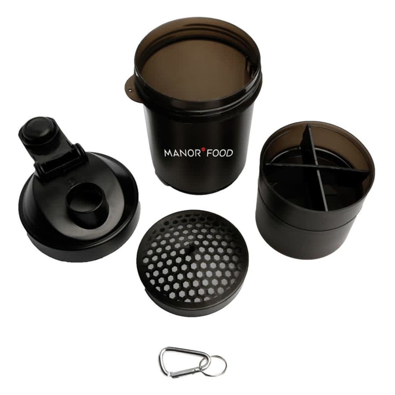A drink bottle in black, featuring a shaker cup with a detachable lid, strainer, and mixing compartment. Includes a carabiner.