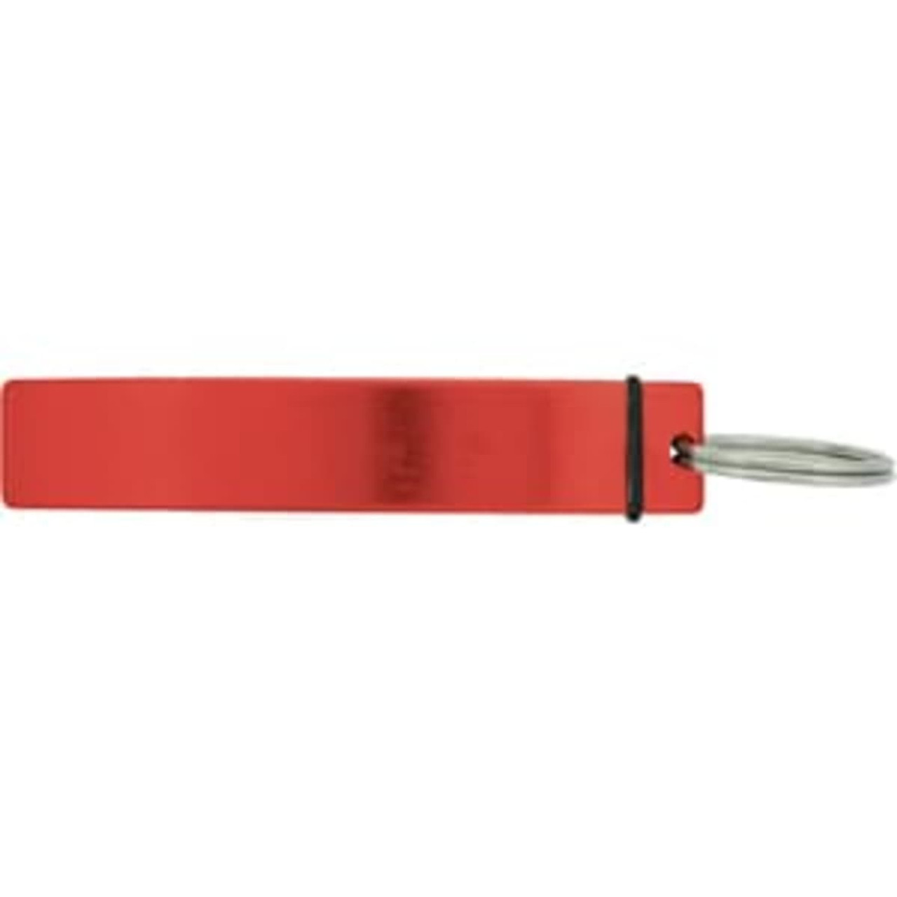A drink bottle opener in red with a silver keyring attachment. It features a simple, flat design.