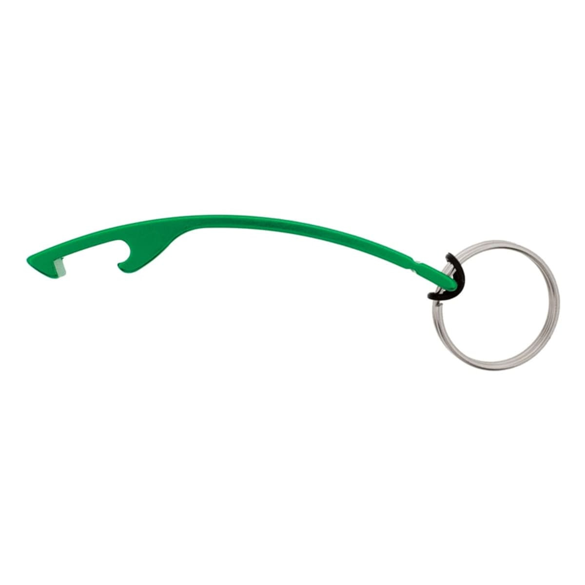 A green drink bottle opener attached to a silver keyring, featuring a simple, curved design.