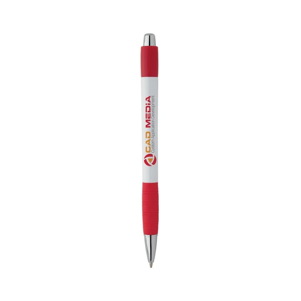 A white pen with a red grip and a branding logo. It features a shiny silver clip and tip.
