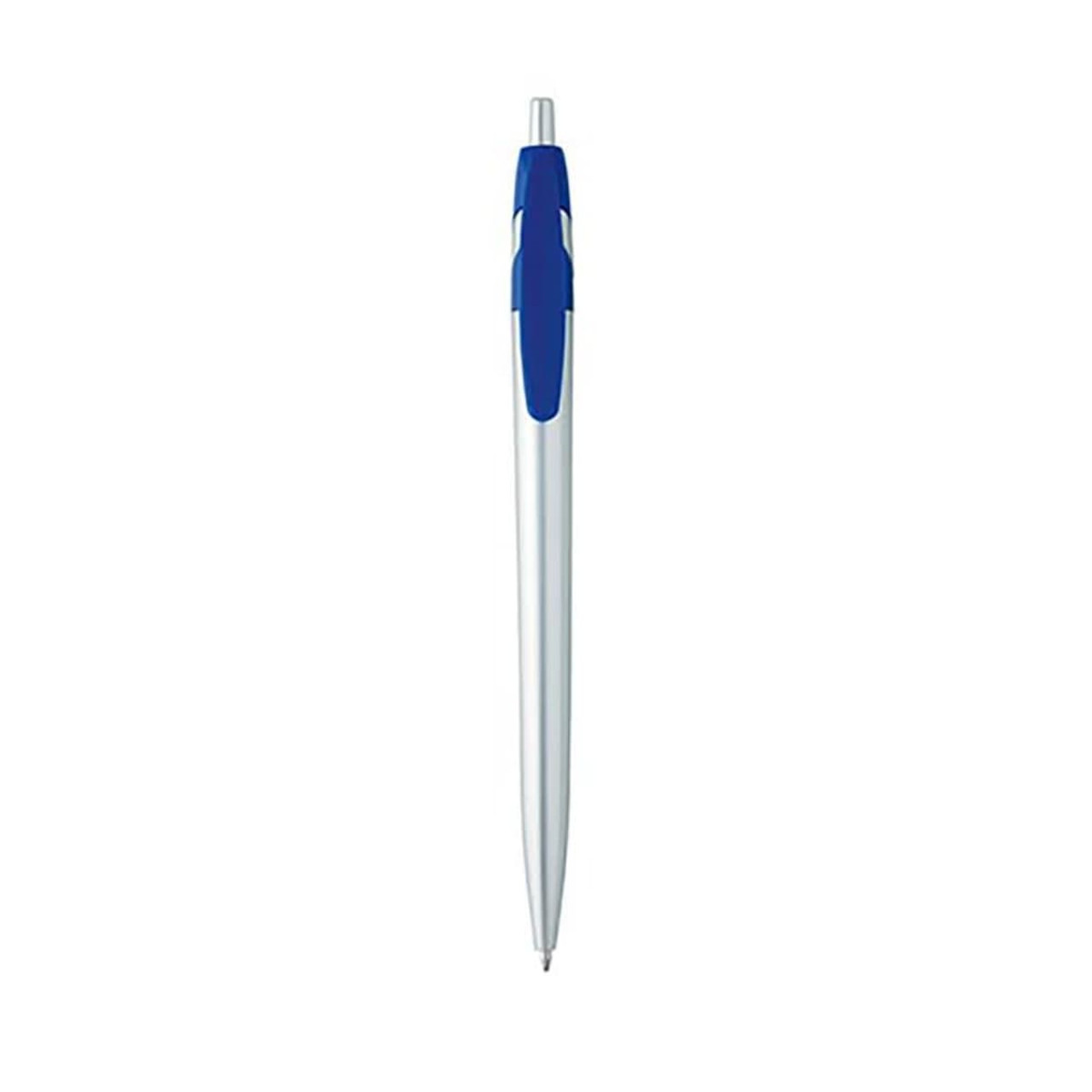 A silver metal pen with a blue grip and clip, featuring a logo on its body.