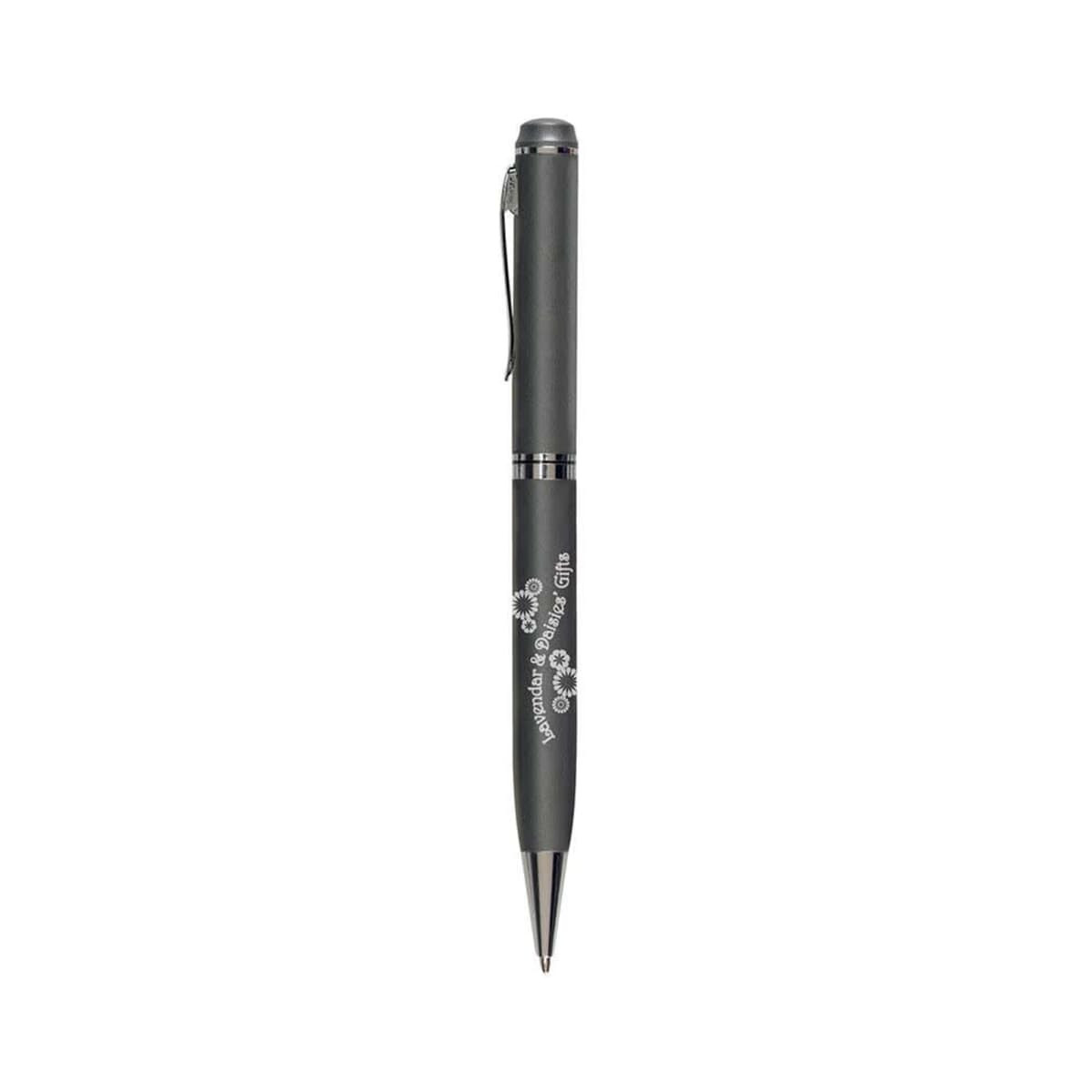 A metal twist pen in dark grey with a clip and a logo.