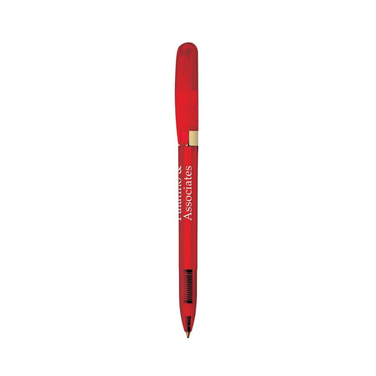 A red metal pen with a glossy finish, featuring a gold trim and a branding logo.