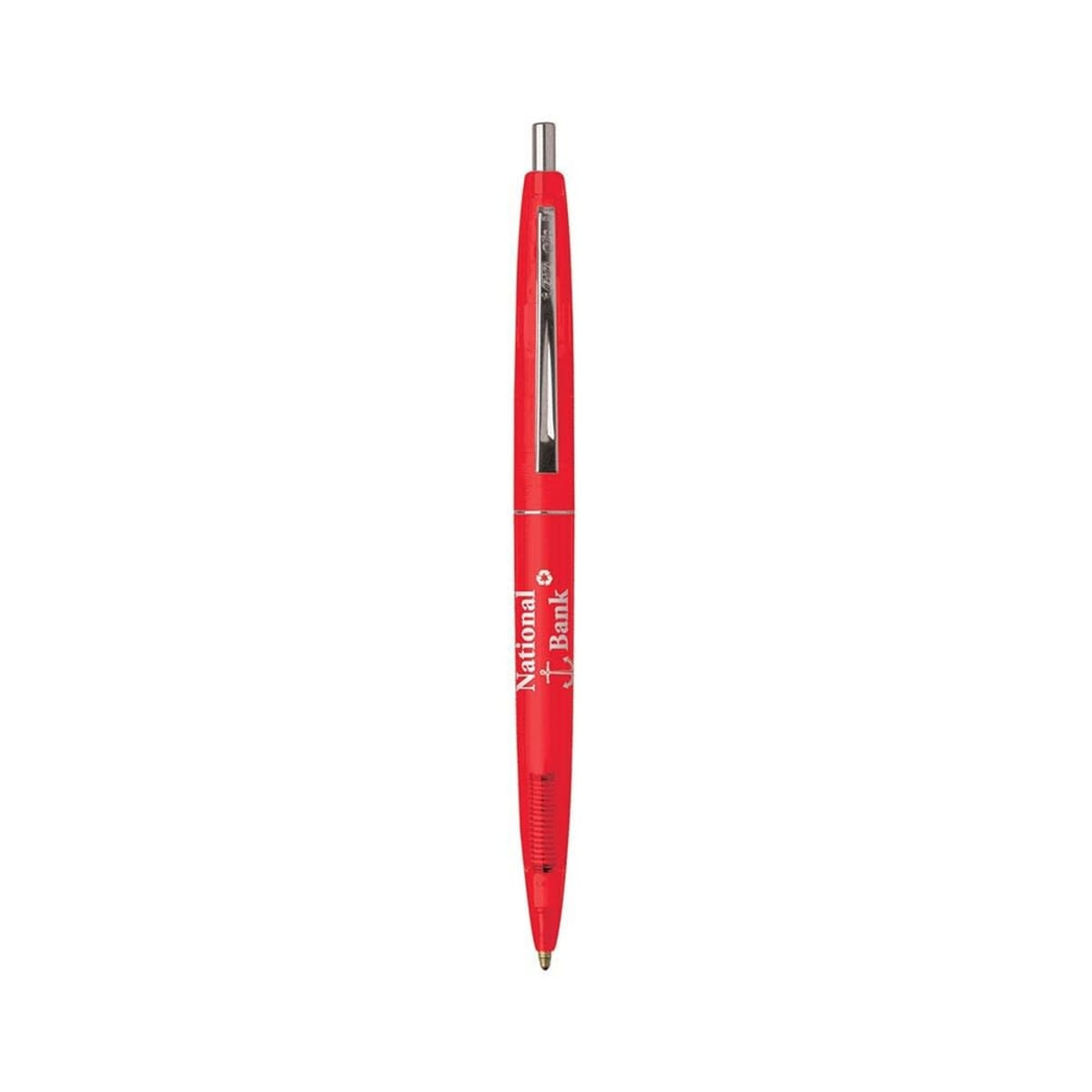 A red Eco Clear Clics pen with a transparent barrel and a logo on the side.