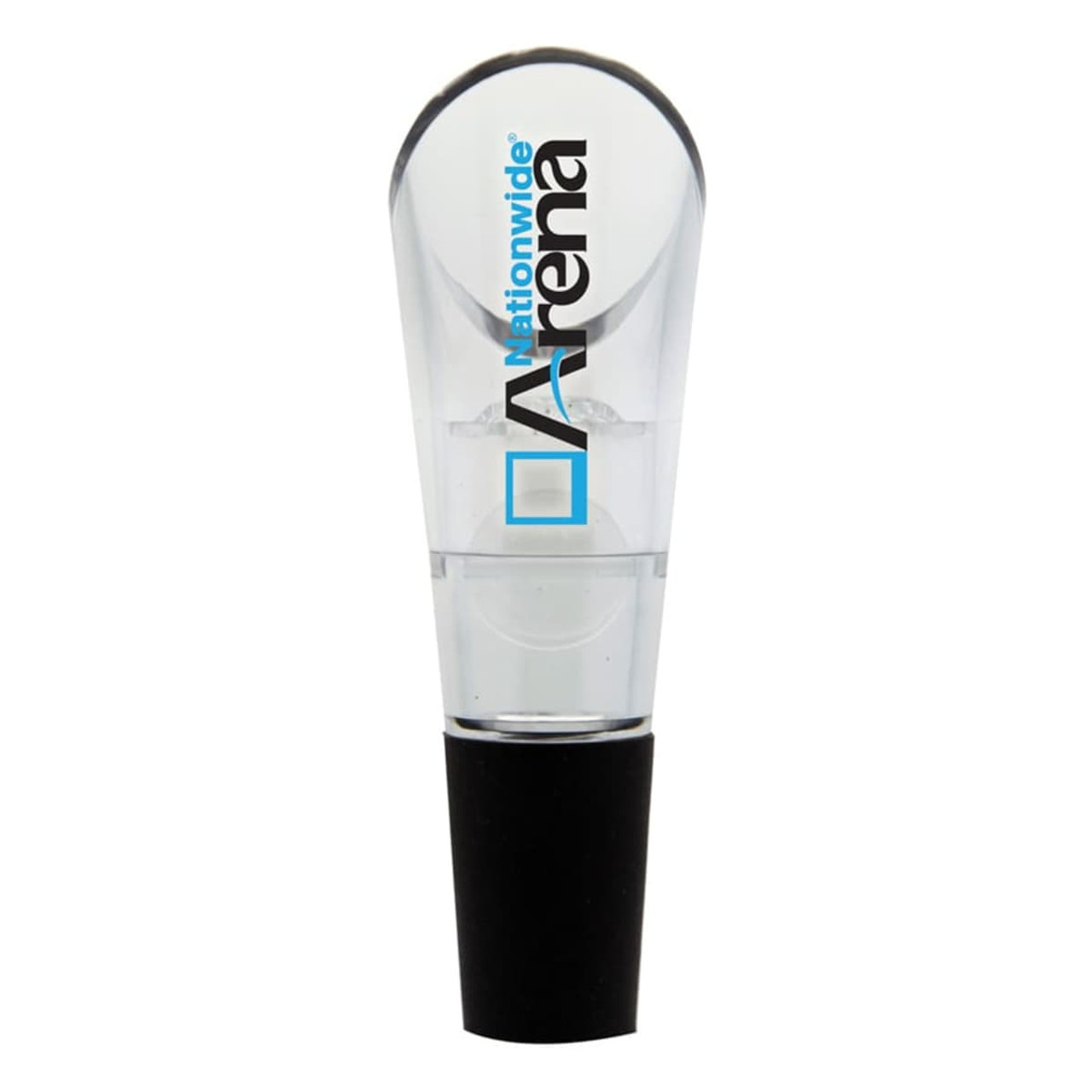 A clear wine aerator with a black base, featuring a logo on the side.