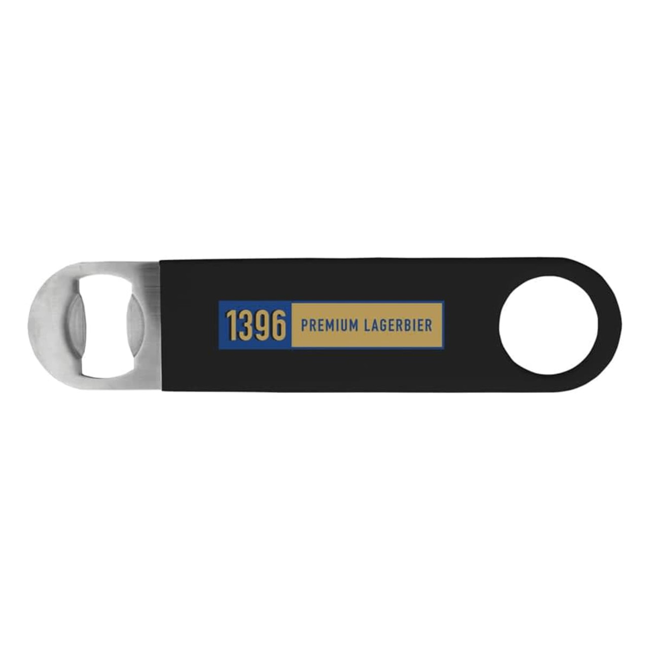 A drink bottle opener in black, featuring a stainless steel opener and a logo.