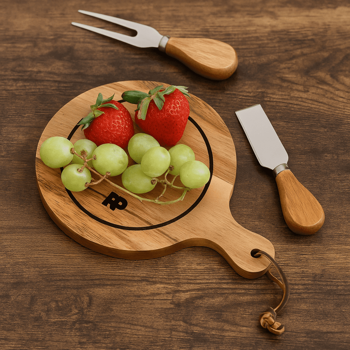 A wooden cheeseboard featuring strawberries and green grapes, with a knife and fork made of wood and metal.