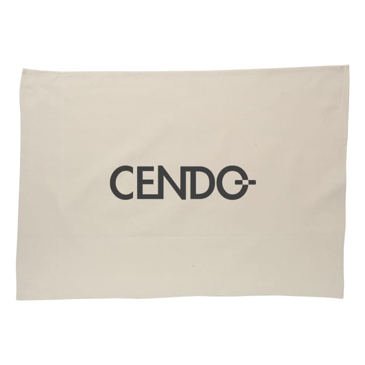 A cotton tea towel in a natural beige colour featuring a logo in a bold, modern font.