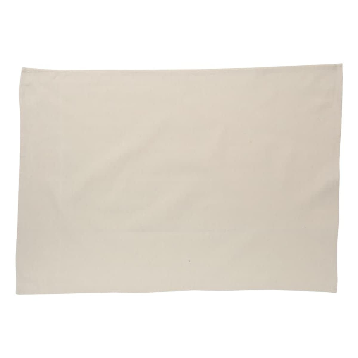 A cream cotton tea towel with a simple, plain design and an area featuring a logo.