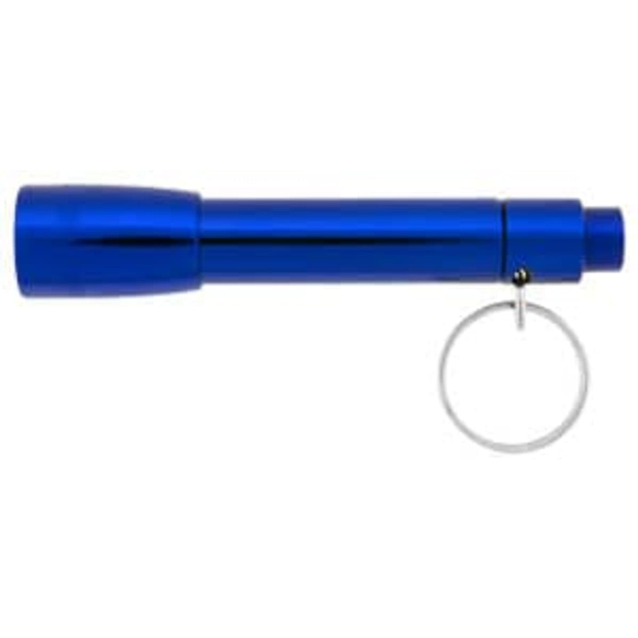 A blue Maverick flashlight with a keyring attachment. The flashlight has a sleek, metallic finish.