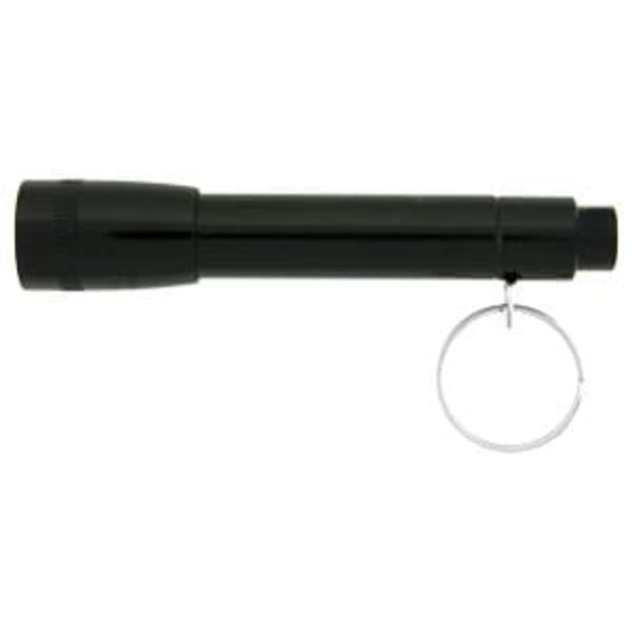 A black Maverick flashlight with a keychain attachment. It has a cylindrical design and a push-button at one end.
