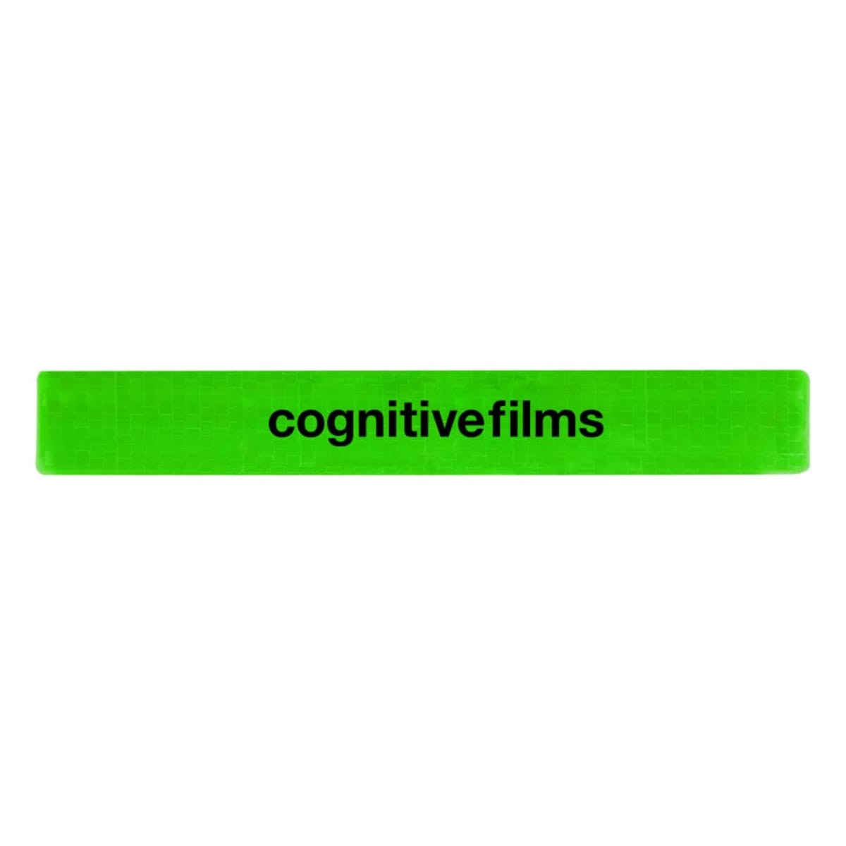 A reflective slap wristband in vibrant green featuring a logo or branding.