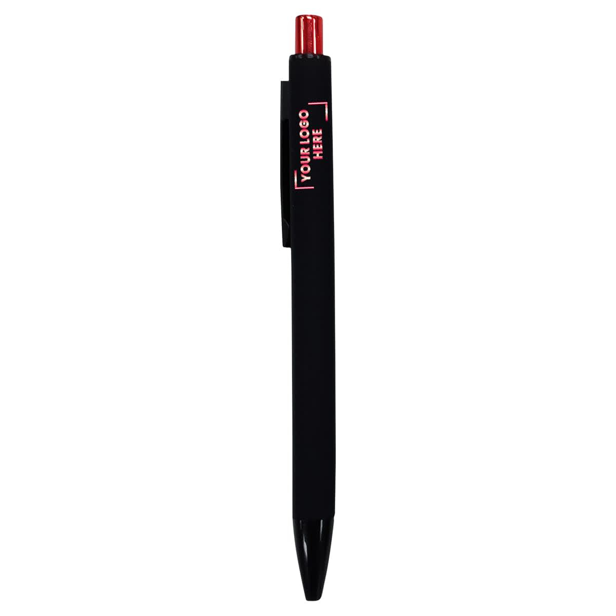 A black plastic pen with a red top and a logo on the side.