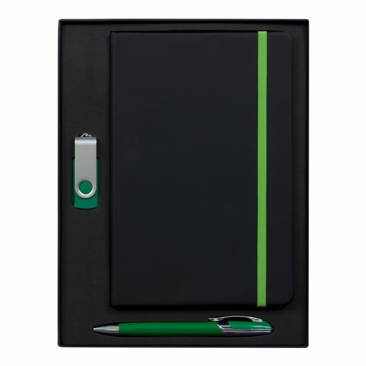 A black notebook with a green stripe, a green metal pen, and a green USB drive in a black gift box.