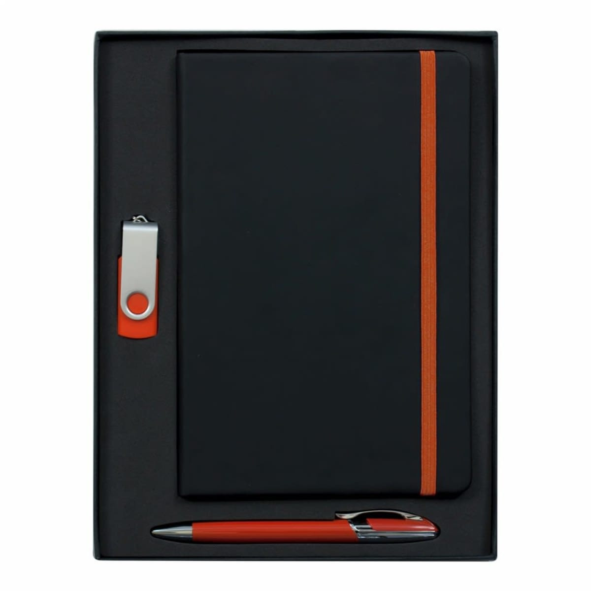 A metal pen in orange, a black notebook with an orange elastic band, and a silver USB flash drive in a black box set.