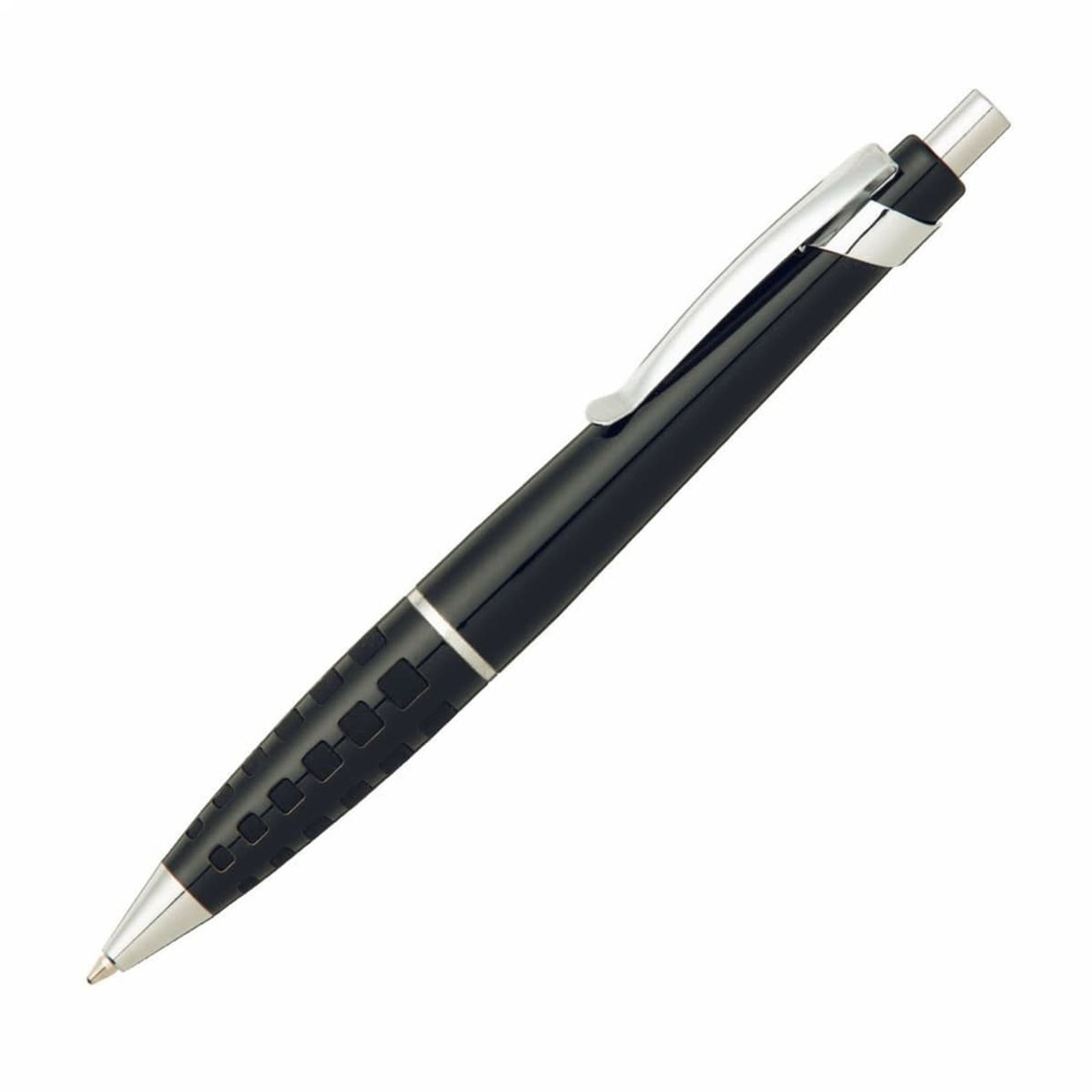 A black metal pen with a silver clip and textured grip, featuring a branding logo.