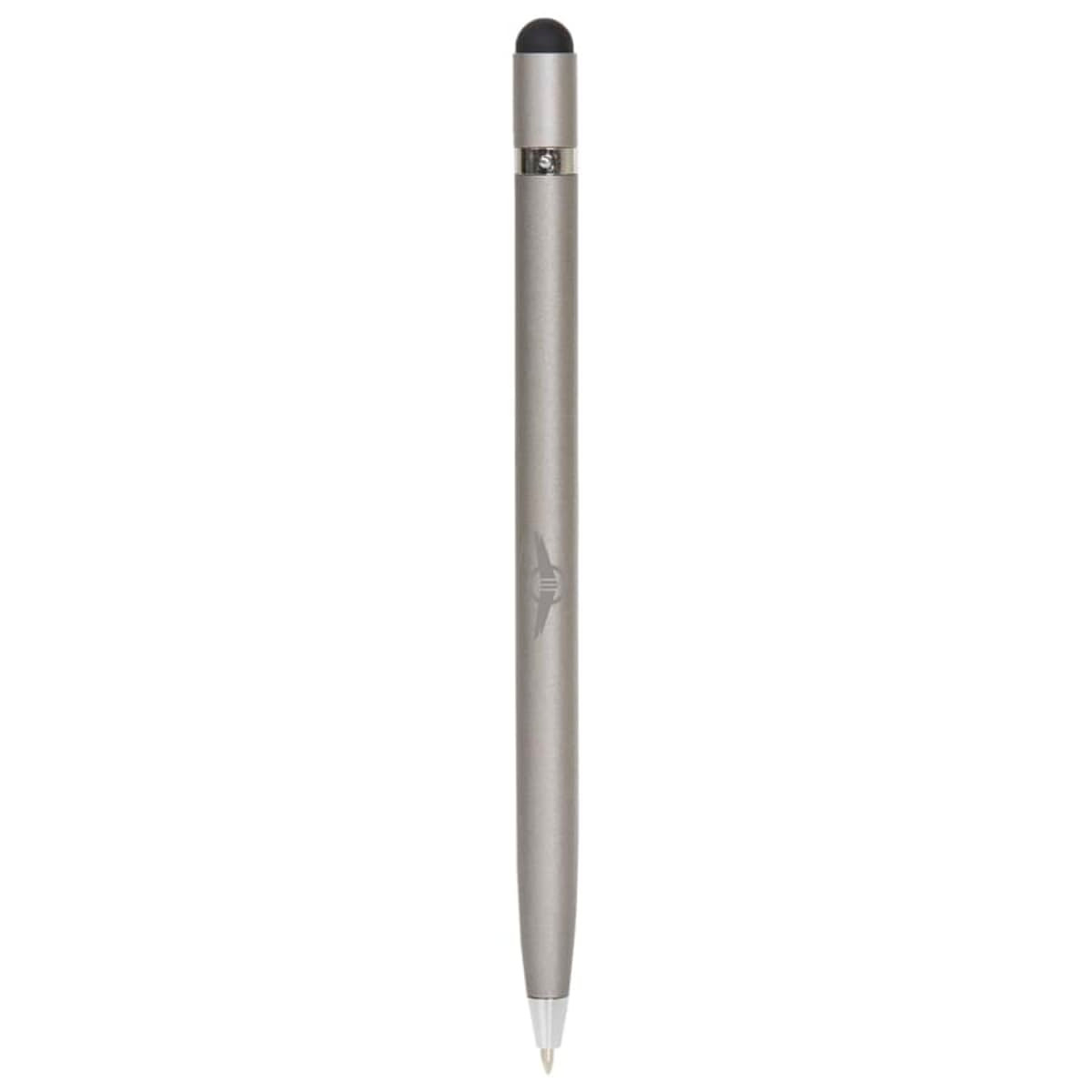 A sleek silver metal pen with a stylus tip, featuring a logo and a smooth finish.