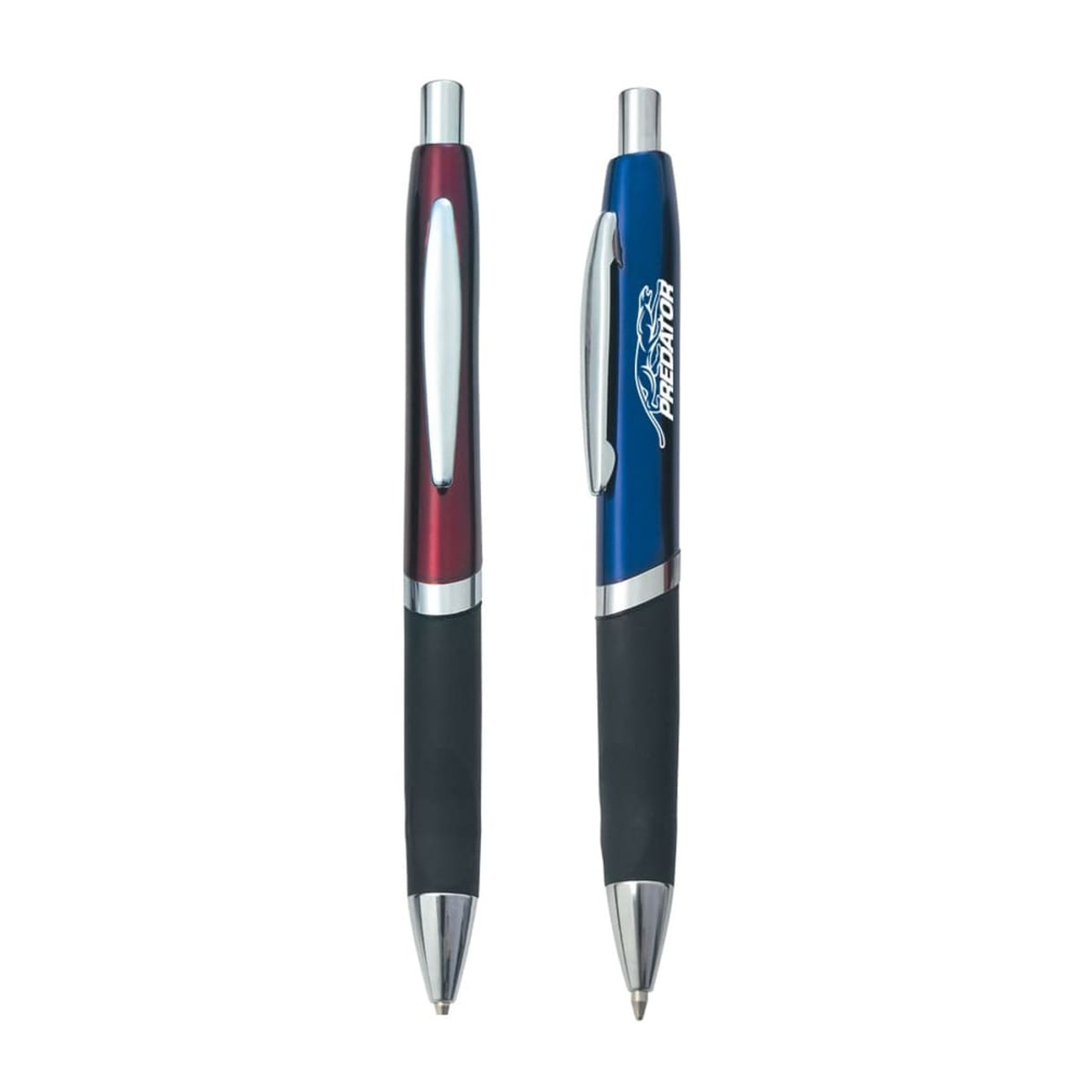 A set of two plastic pens, one red and one blue, both with rubber grips and silver accents. Each pen has a logo.