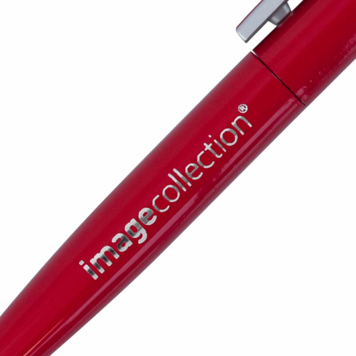 A red plastic pen with a sleek design and silver clip, featuring a logo on the side.