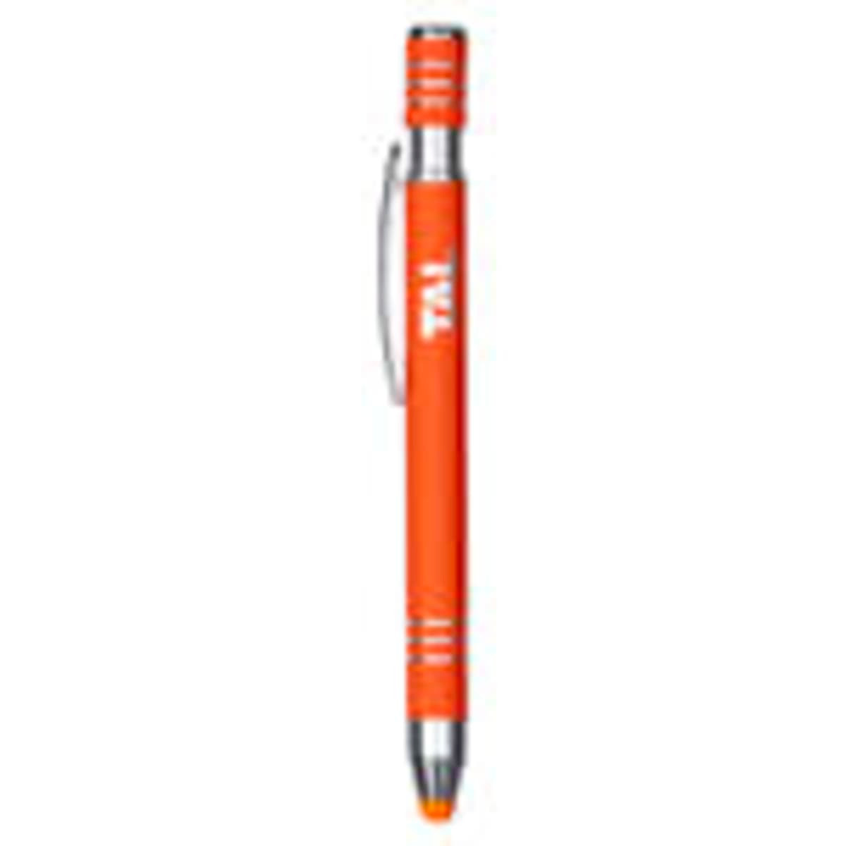 An orange metal pen with a silver clip, featuring branding and a sleek design.