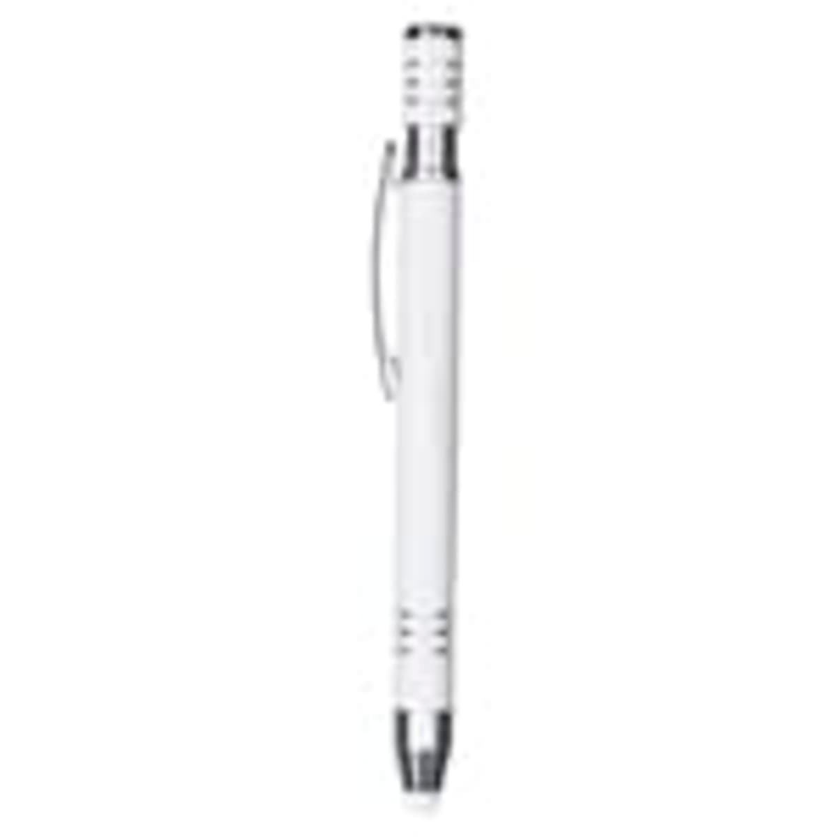 A metal pen in white with silver accents and a clip, featuring a clean and sleek design.