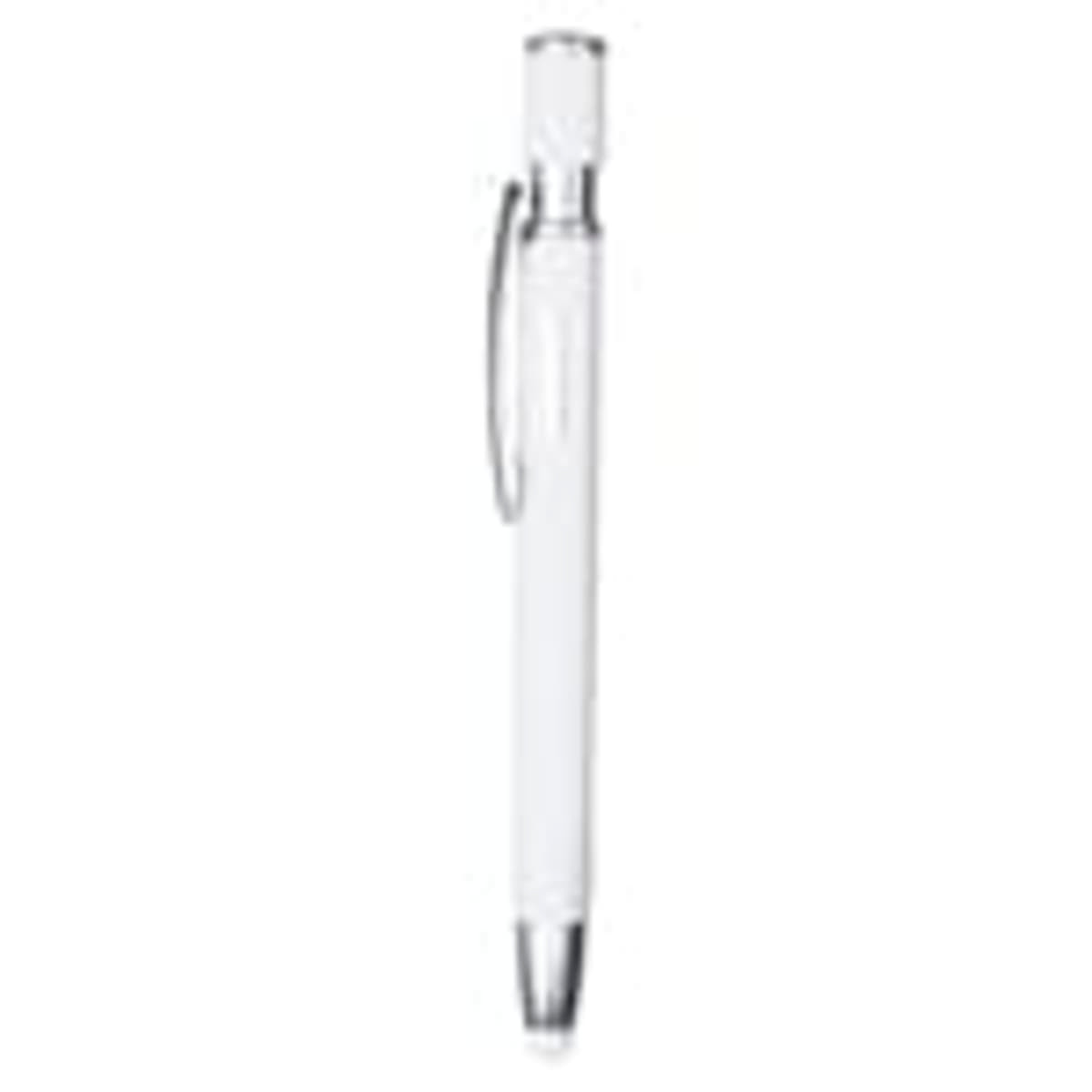 A metal pen in white with silver accents, featuring a clip and a sleek design. It has a branding logo.