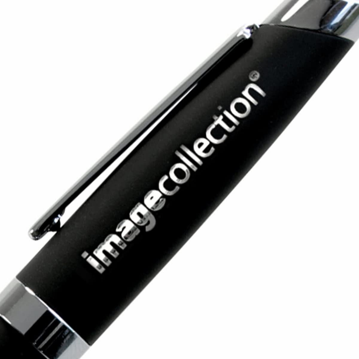 A black pen with a glossy silver clip and branding on the barrel.