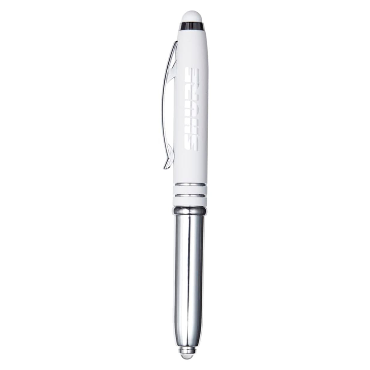 A white stylus pen with a silver tip and clip, featuring a logo on the barrel.