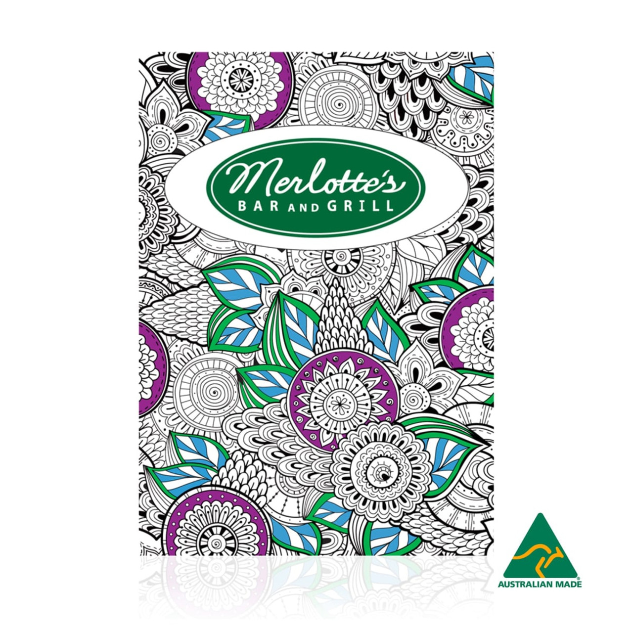 A5 colouring book featuring intricate floral designs in purple and green, with a logo and Australian Made label. A5 colouring book featuring intricate floral designs in purple and green, with a logo and Australian Made label.