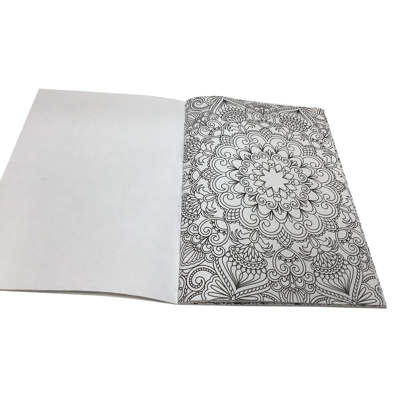 A5 colouring book featuring intricate black and white patterns on one page, with a blank page opposite. A5 colouring book featuring intricate black and white patterns on one page, with a blank page opposite.