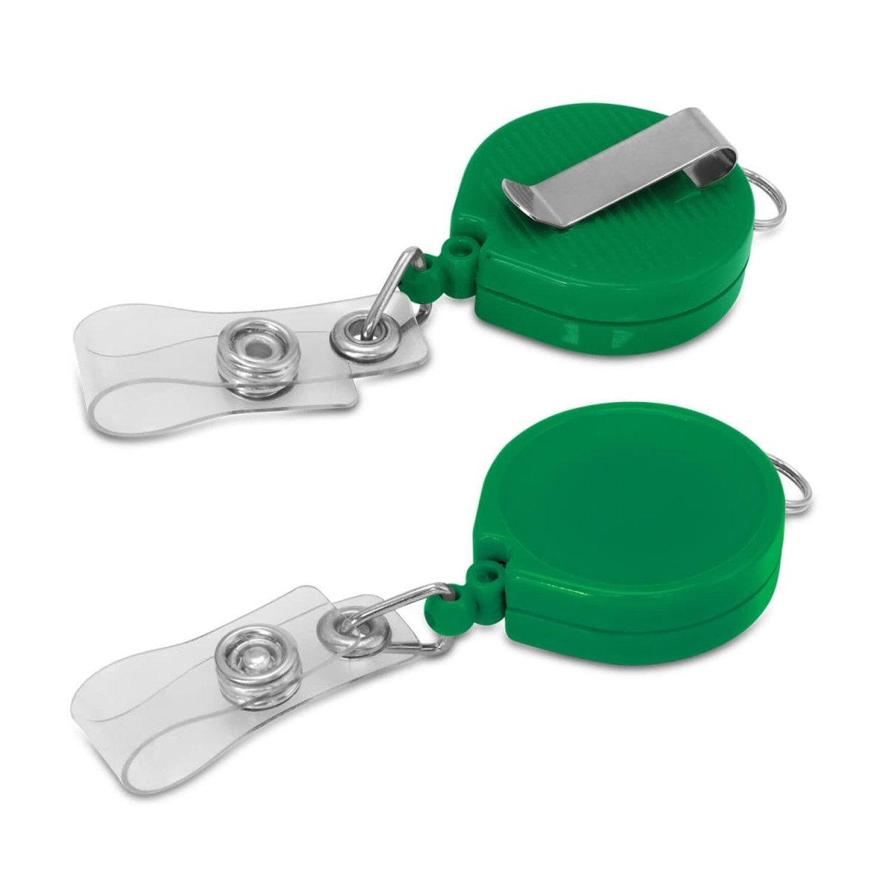 A green Alta Retractable ID Holder featuring a retractable reel and a clip for easy attachment.