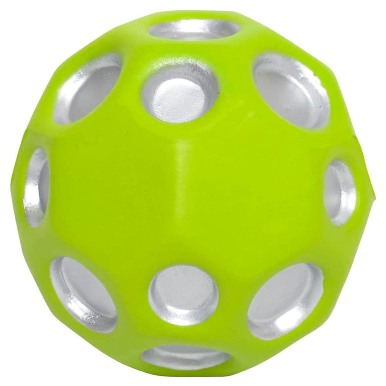 A high bounce ball in bright green with silver cut-out holes, featuring a smooth texture.