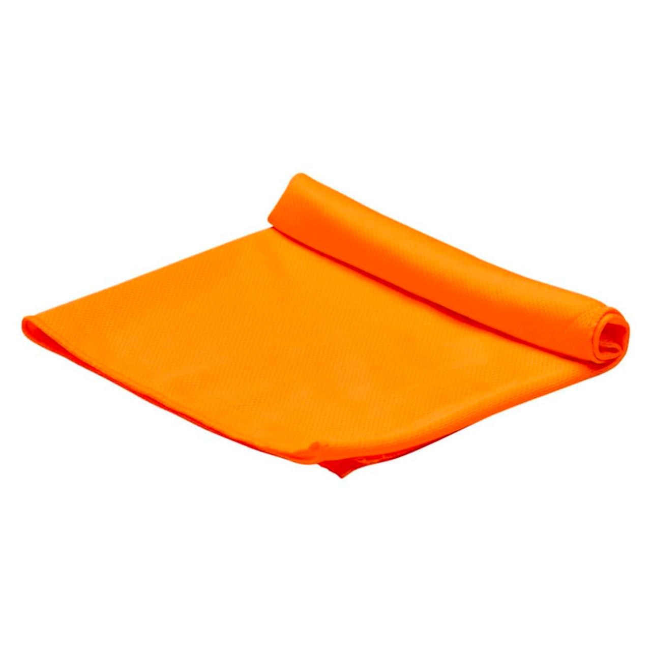 An orange cooling towel is rolled up, featuring a textured surface. It includes a logo.