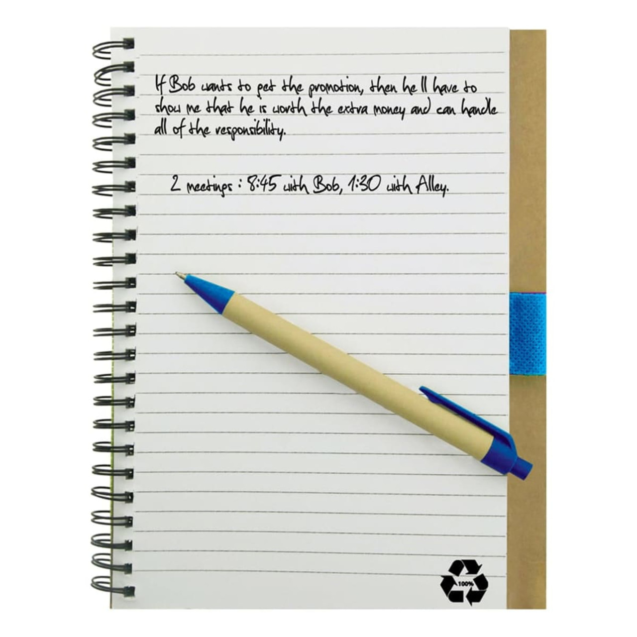 A recycled paper notebook with a brown cover, spiral binding, and a blue pen resting on it.