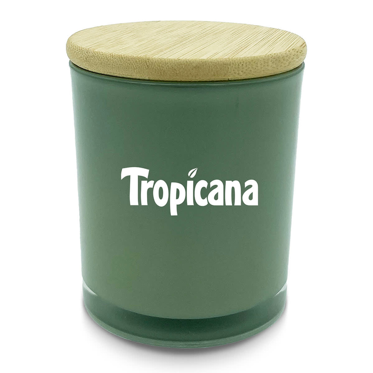 A large green candle with a bamboo lid and a logo on the front.