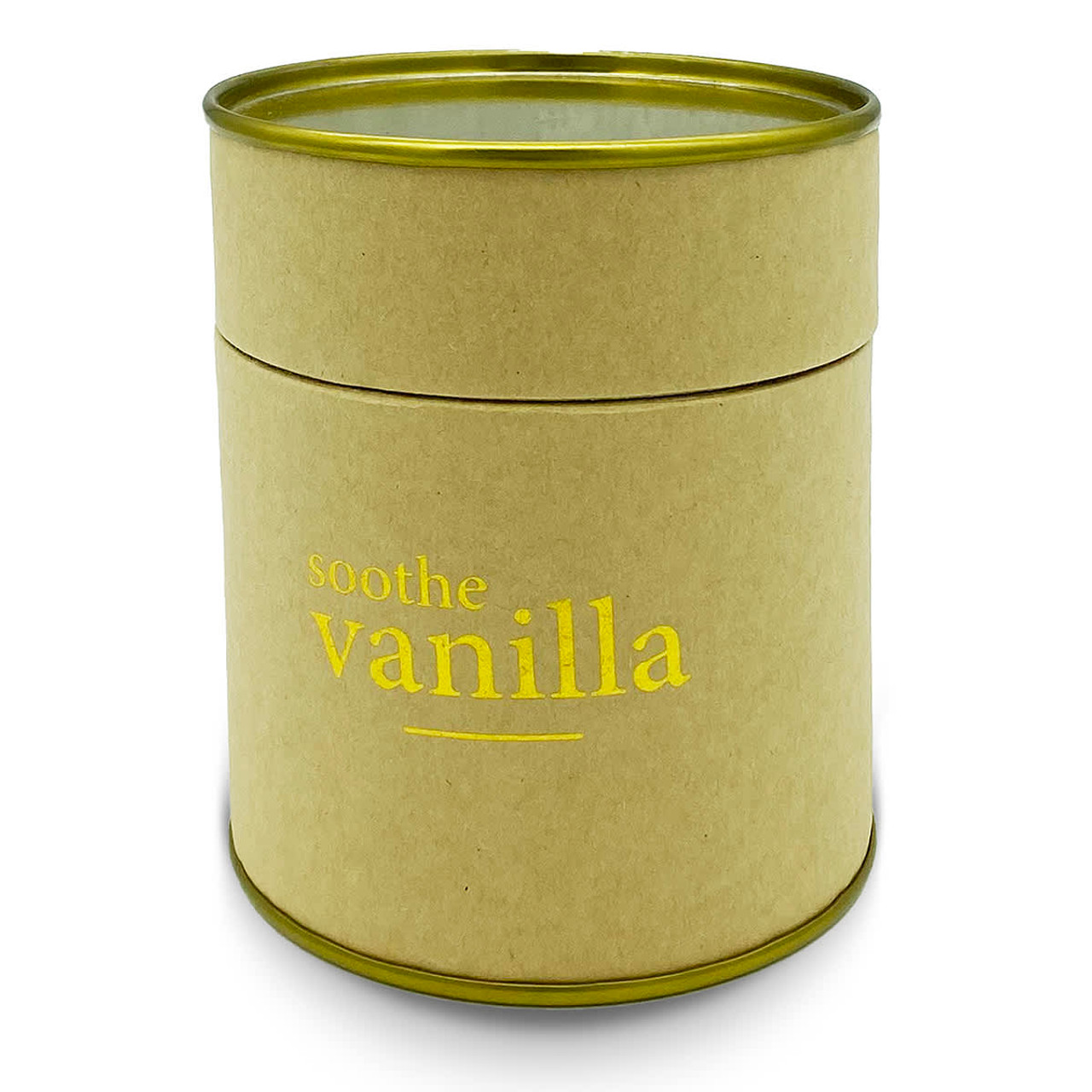 A large, round candle in a gold and brown container with a lid, labelled "soothe Vanilla."