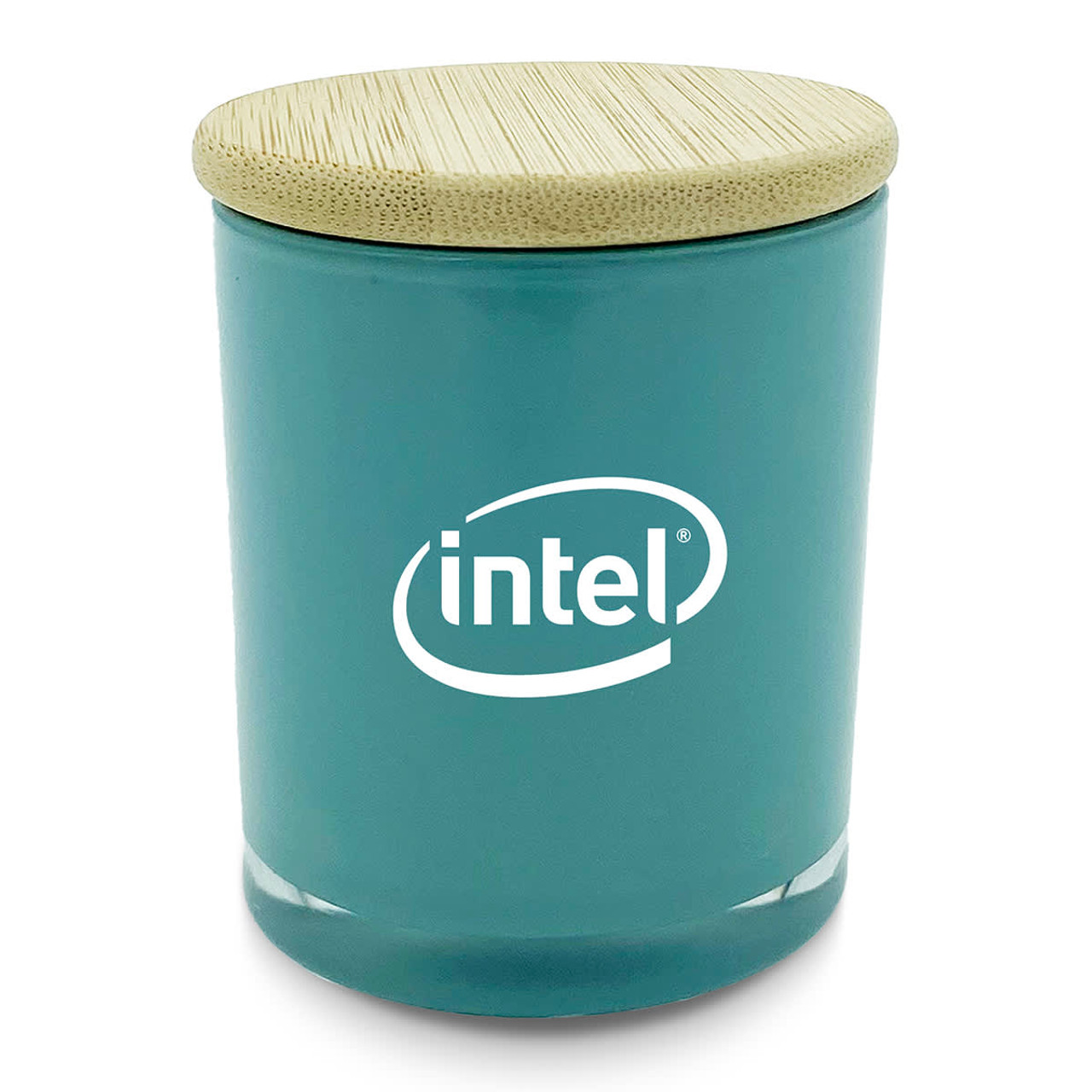 A large teal candle with a bamboo lid and a logo on the front.
