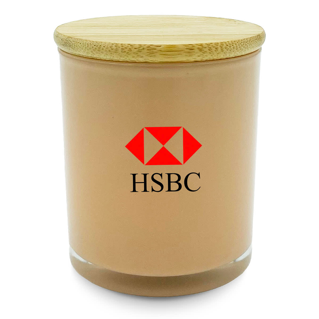 A large, peach-coloured candle in a glass jar with a wooden lid and a logo on the front.