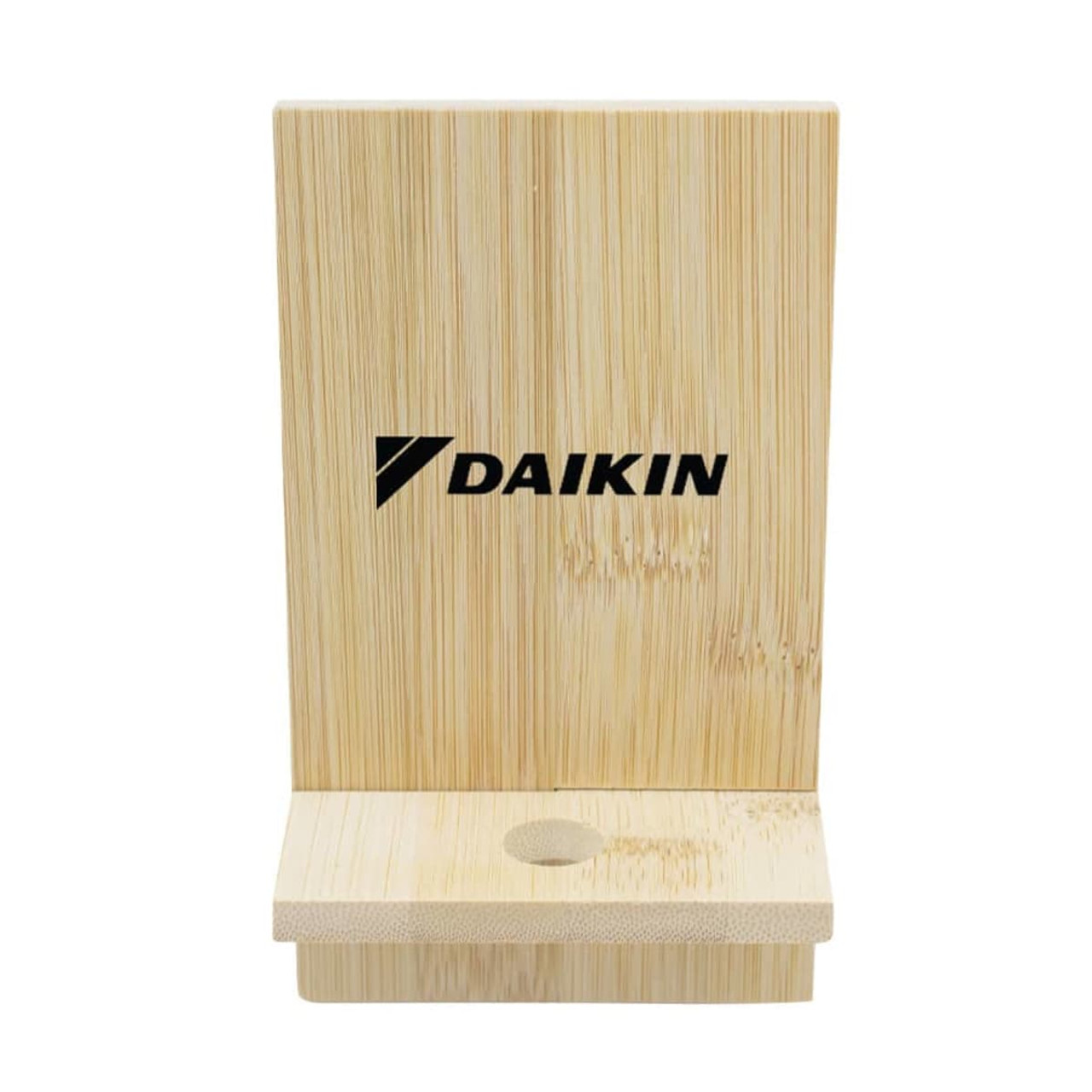 A bamboo phone stand with a simple design, featuring a slot for the device and an engraved logo.