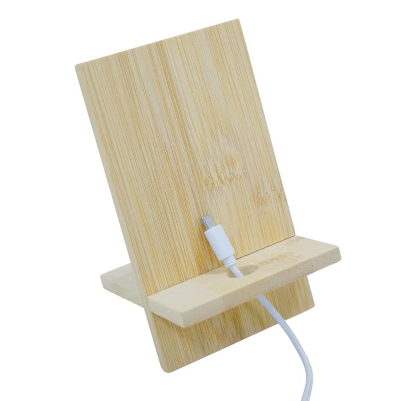 A bamboo phone stand with a slot for charging, featuring a natural wood finish and clean design.