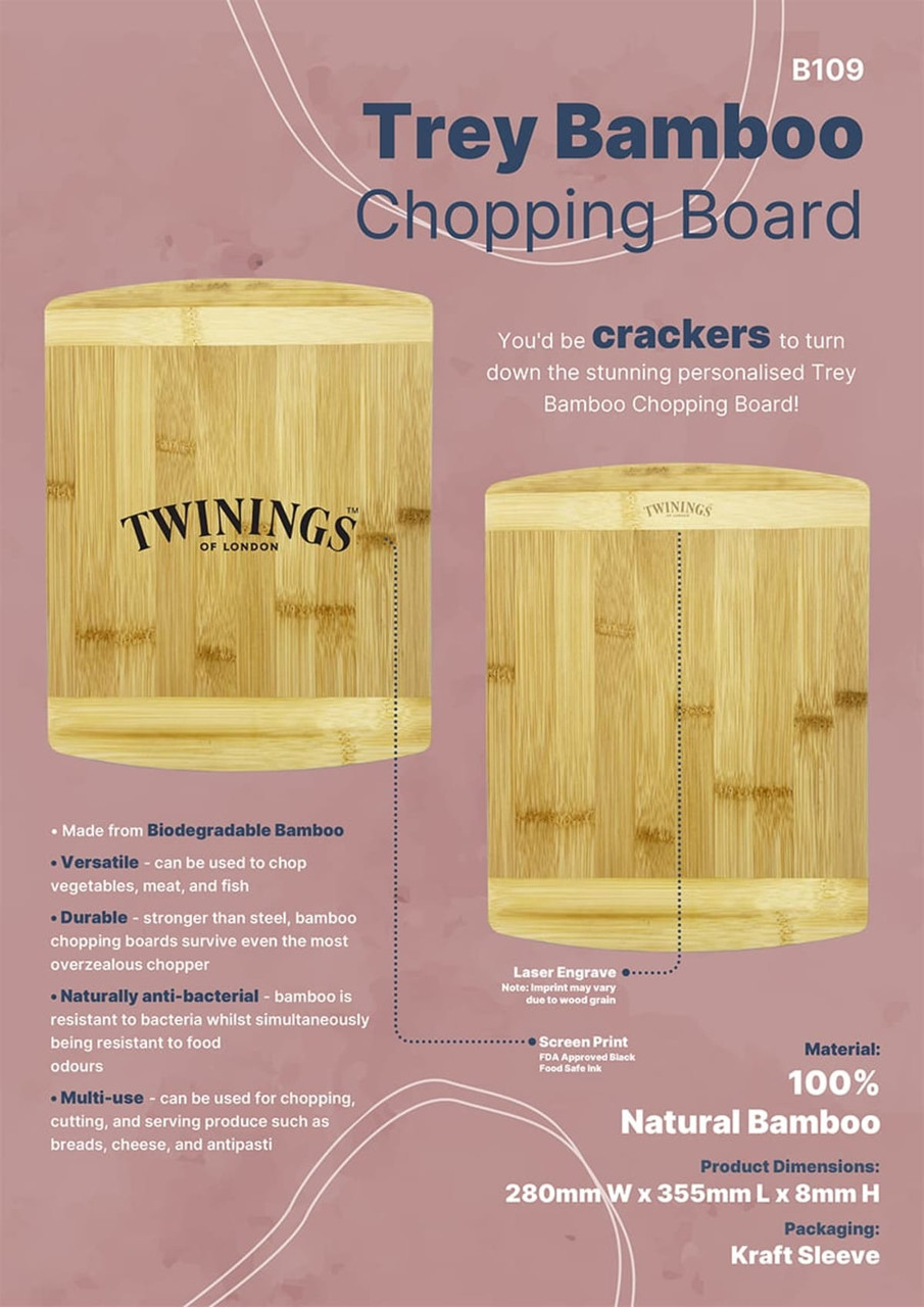 A bamboo chopping board with a natural finish, featuring a logo and information about its features and materials.