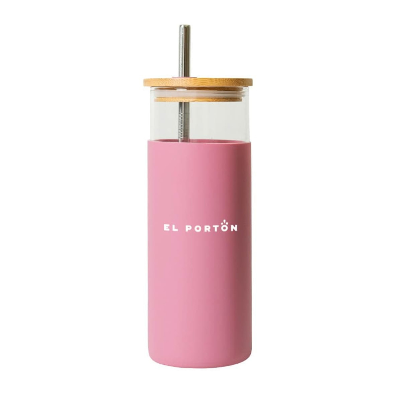 A drink bottle with a pink plastic exterior, clear glass inner, and wooden lid, featuring a logo on the front.