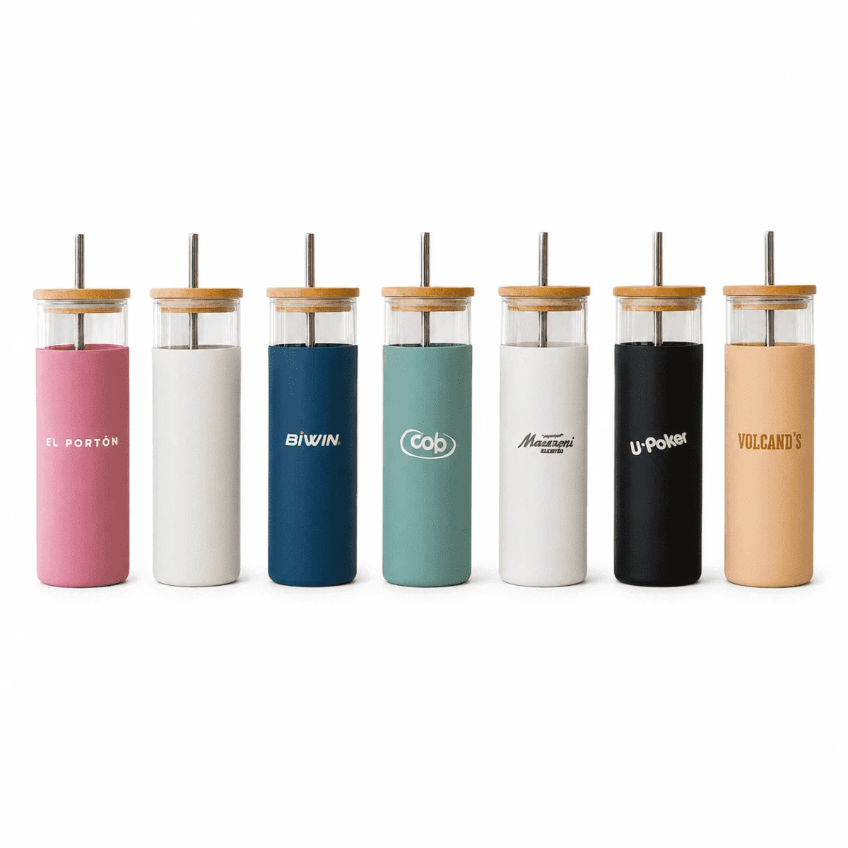 A drink bottle set featuring a pink, white, teal, black, and orange tumbler with natural wood lids and logos.