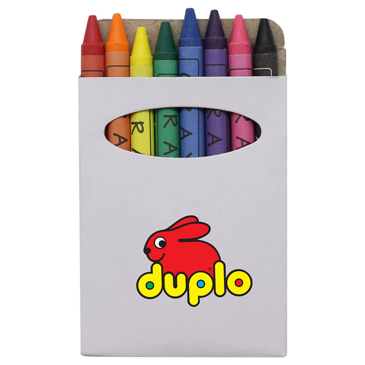 A box containing a set of eight vibrant crayons in various colours, with a logo on the packaging.