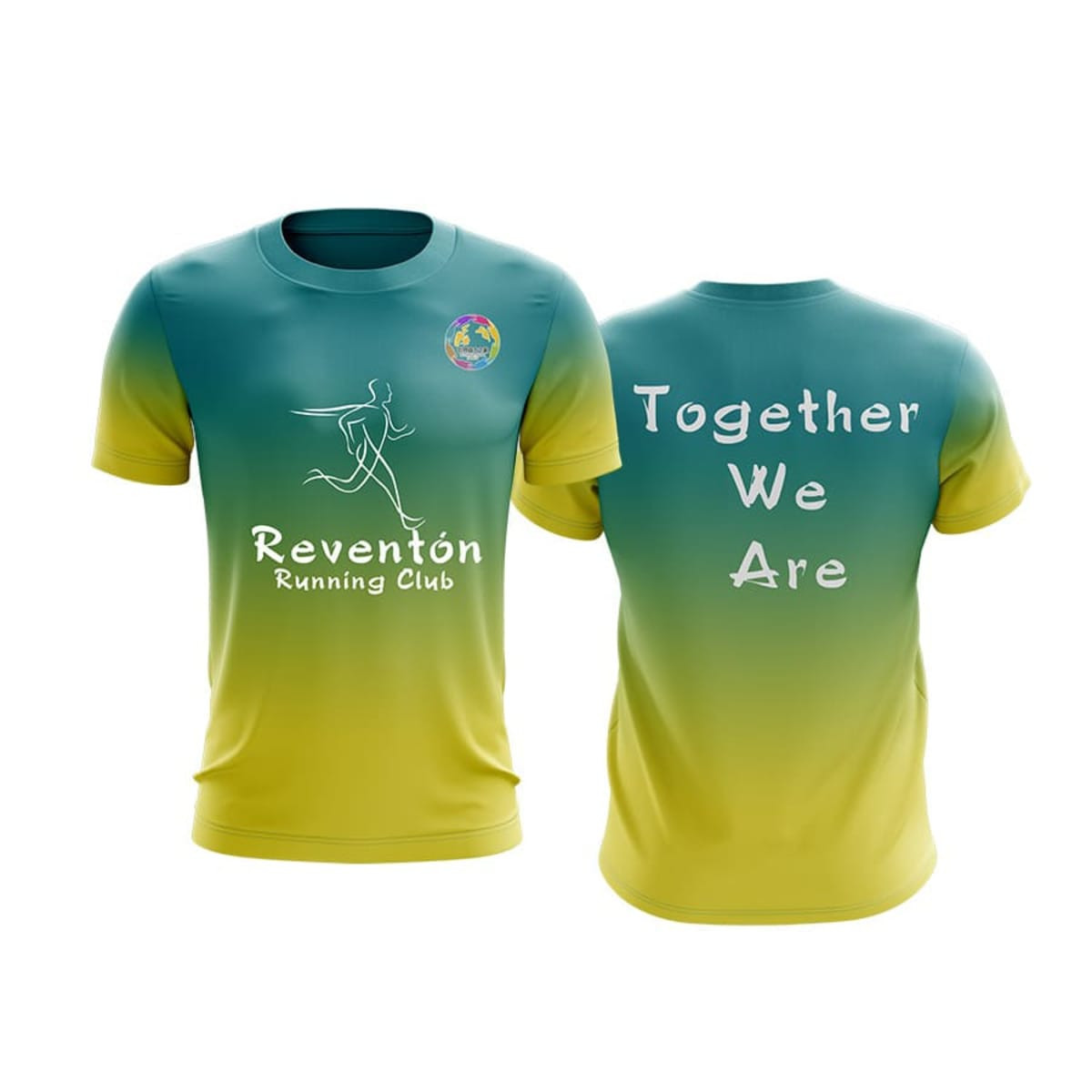 A sports jersey in teal and yellow, featuring a logo and text on both the front and back.