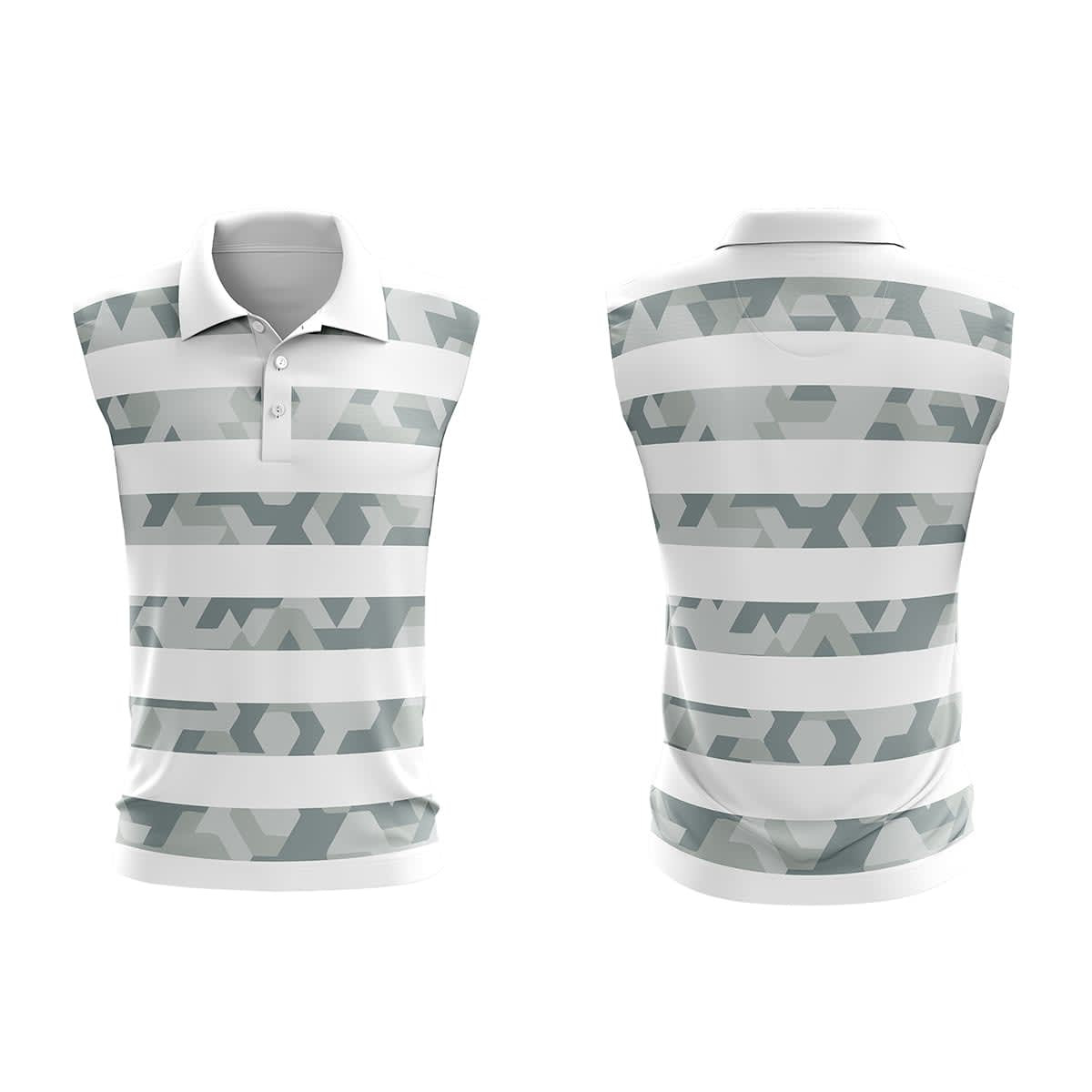 A sleeveless polo shirt featuring a grey and white striped pattern, with a collar and a logo on the front.