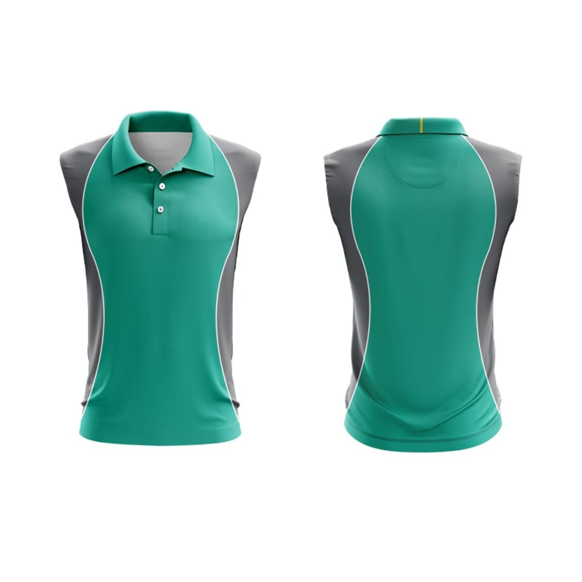 A sleeveless polo shirt in teal with grey accents and a logo. Front and back views displayed.