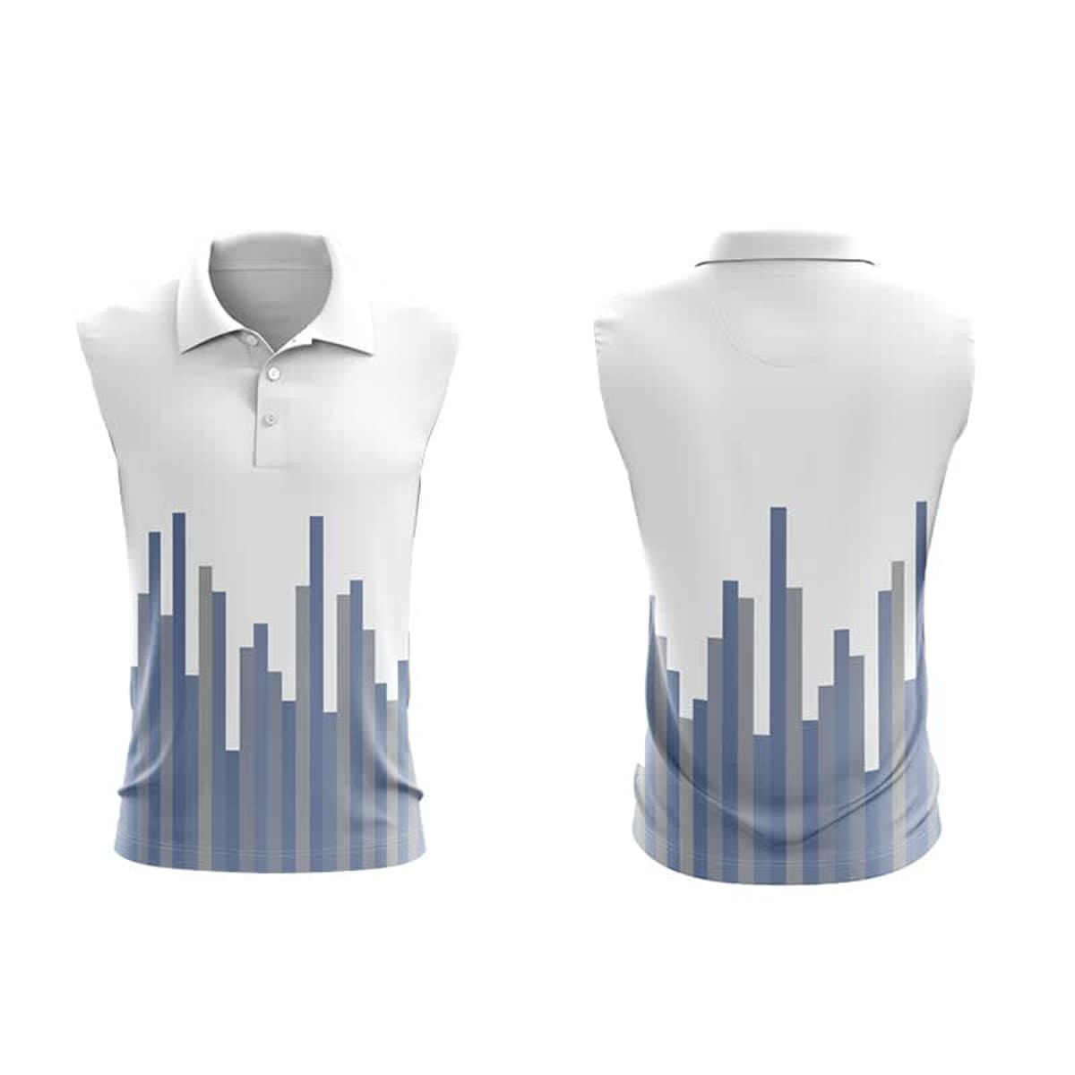 Sleeveless polo shirt in white and blue, featuring a modern geometric pattern and a logo on the front.